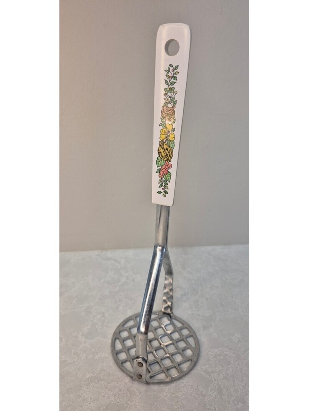 Vintage 1970s Potato Masher Harvest Fruit Ceramic Handle Chrome Made In Japan